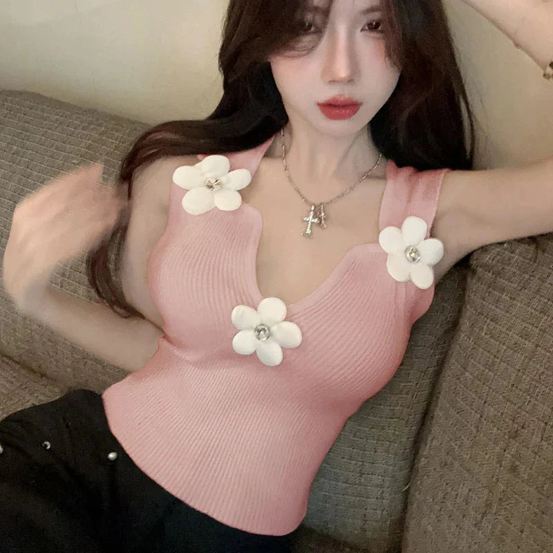Korean 3D Floral Deep V-Neck Stretchy Crop Top Pink / One Size croptop-250126