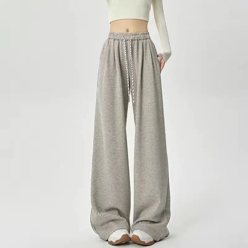 Korean Stripes High Waist Drawstring Pants oatmeal / S