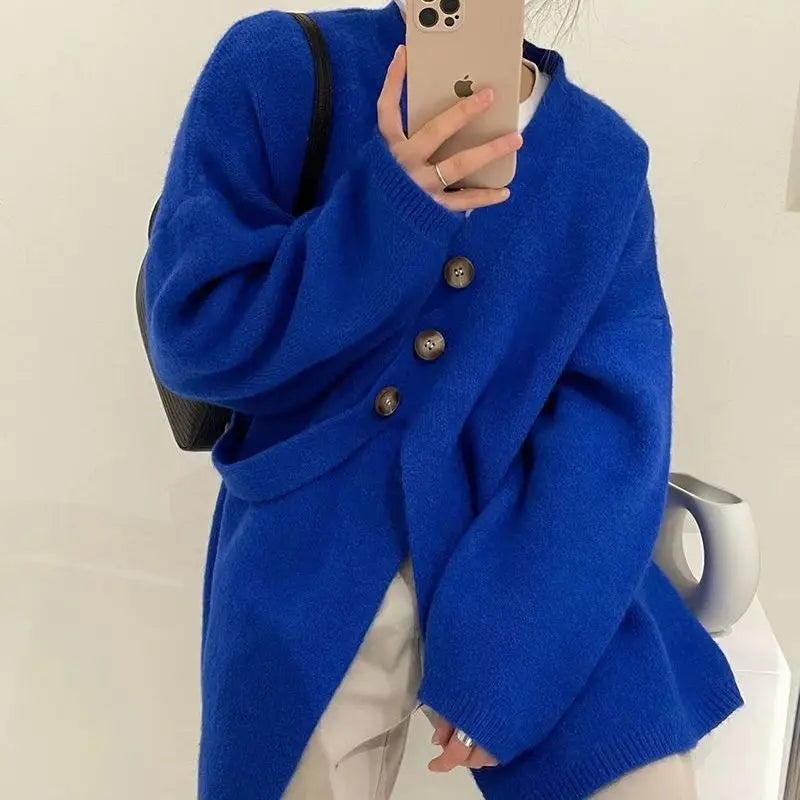 V-Neck Solid Simplicity Office Lady Autumn Knit Cardigan Blue / S cardiagn-250126