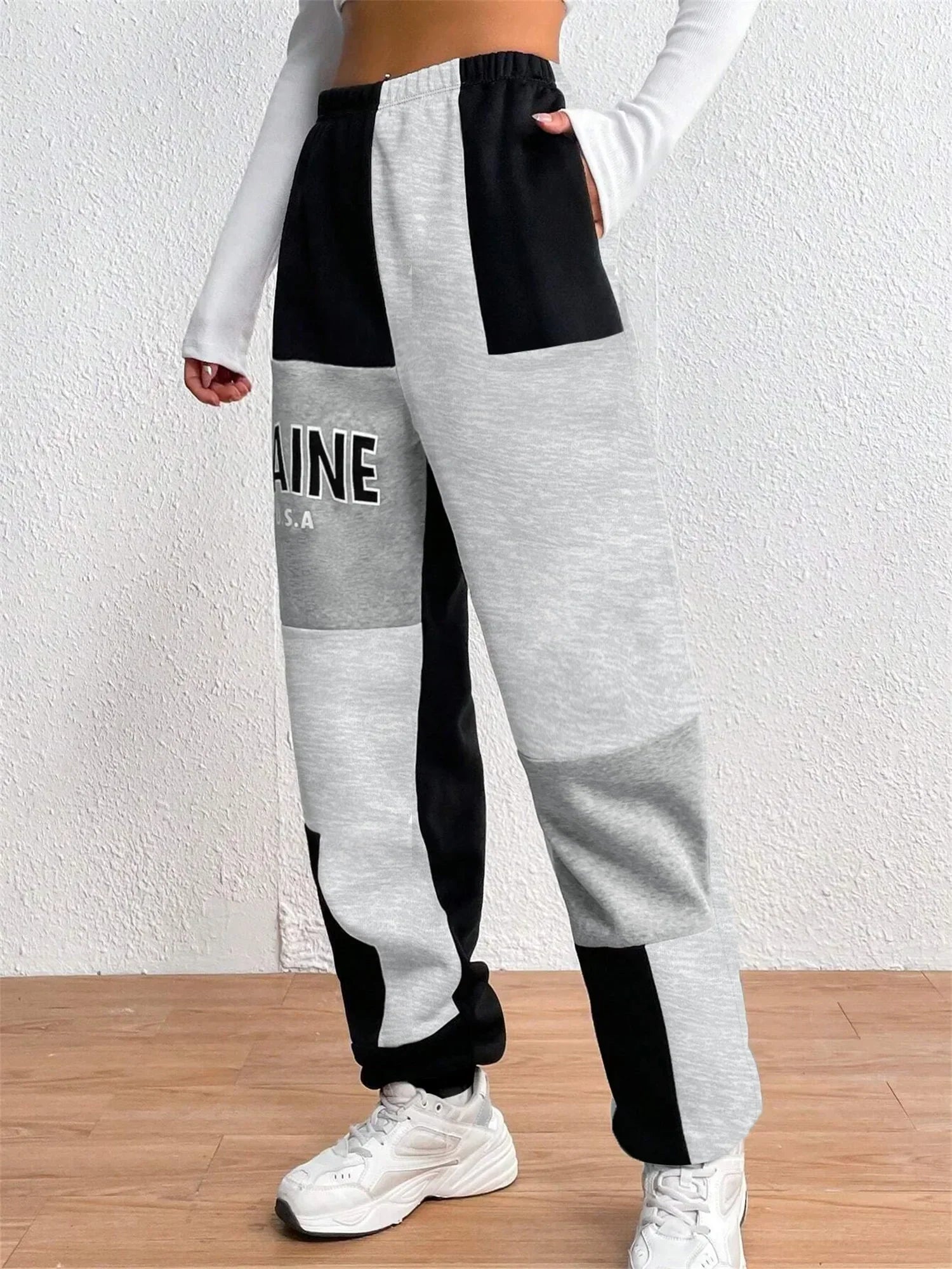 Color Block Jogger Letter Patchwork Print Knitting Casual Slant Pocket Pants Black / S