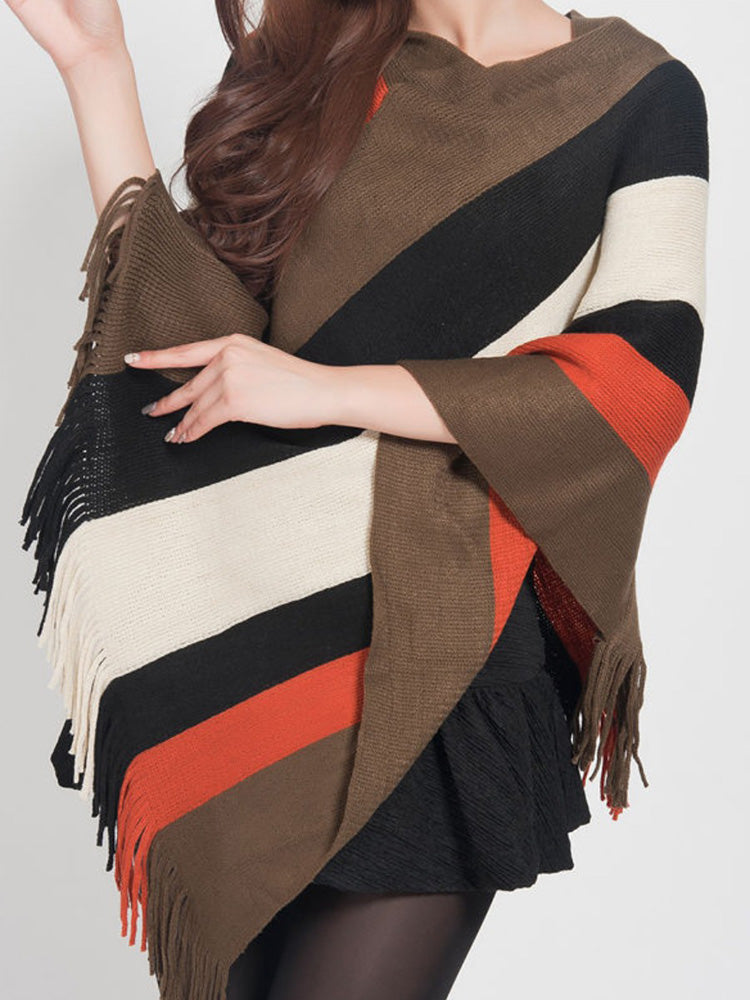 Striped Knit Tassel Trim Asymmetric Hem Poncho