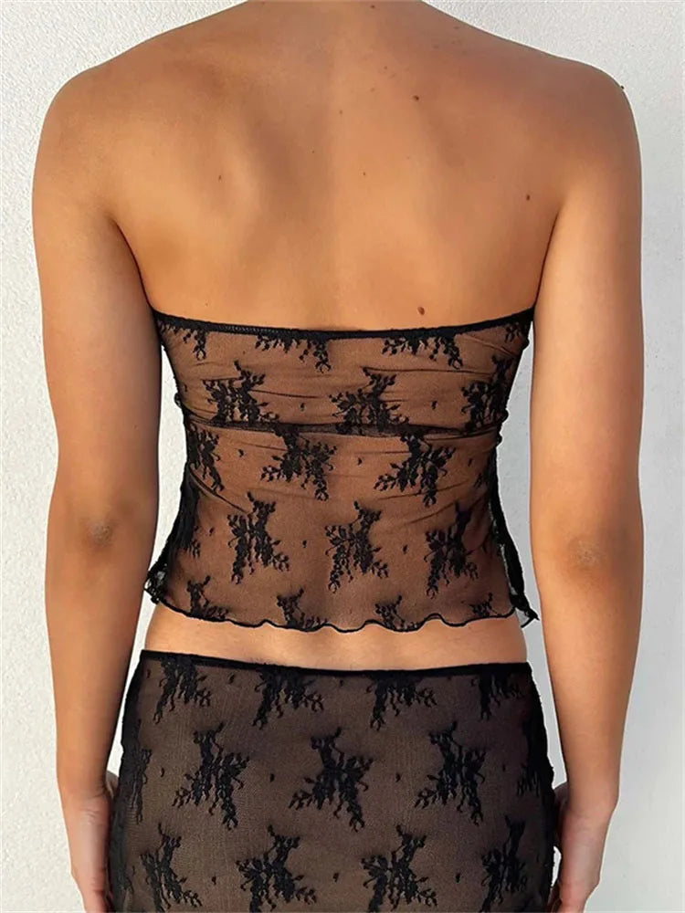 Lace Bustiers Corsets Strapless Off Shoulder Tubes Party Mesh See Through Tank Summer Mini Vest New Tank top