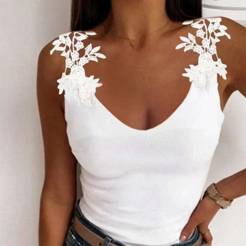 Hollow Lace Petal V-Neck Oversize Casual Slim Fit Tank Top