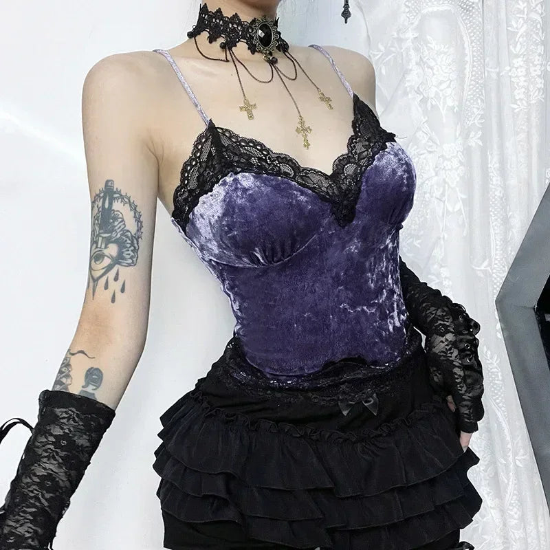 Lace Gothic Aesthetic Velvet Grunge Punk Bodycon V-Neck Elegant Classic Crop Top Purple / S