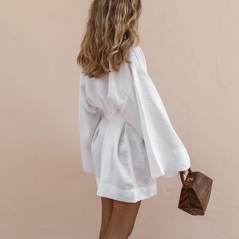 Lace Up Women's V-Neck Kimono Cardigan Mini Cotton Linen Long Sleeve Sashes Dress