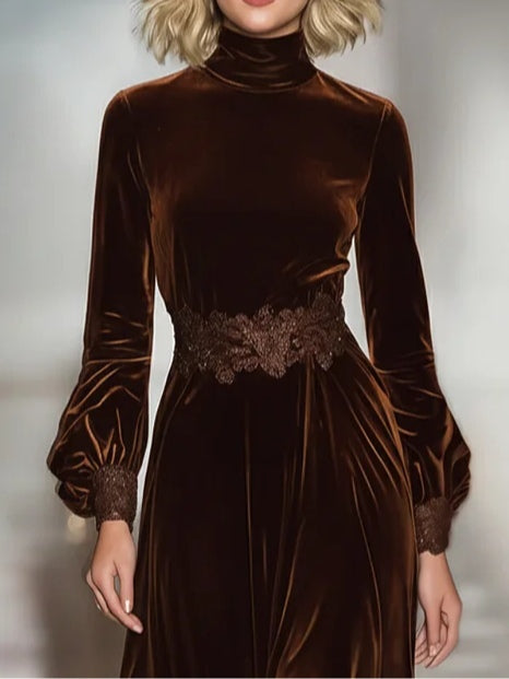 Lace Patchwork Turtleneck Balloon Sleeve Velvet Maxi Dresses