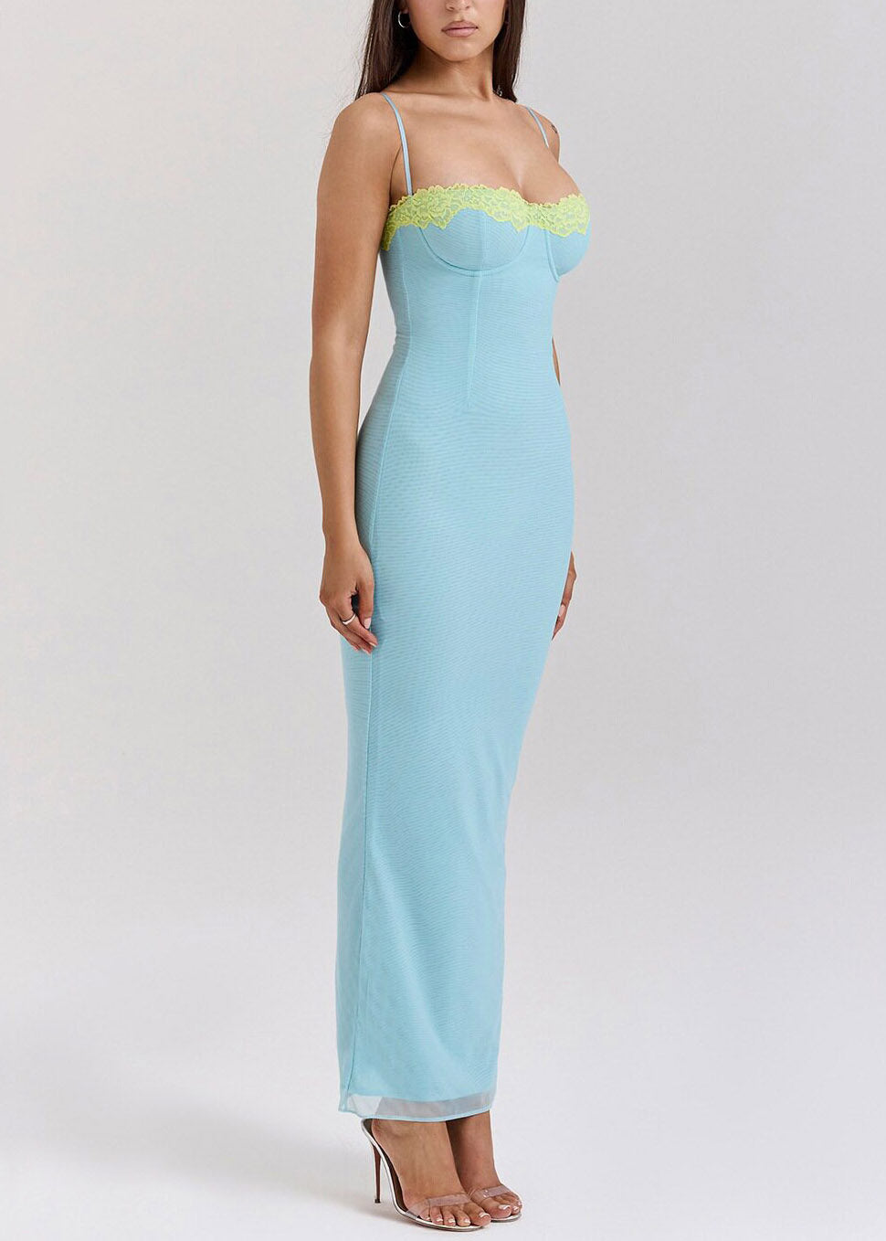 Lake Blue Tie Waist Solid Tulle Long Spaghetti Strap Dress Dresses Summer