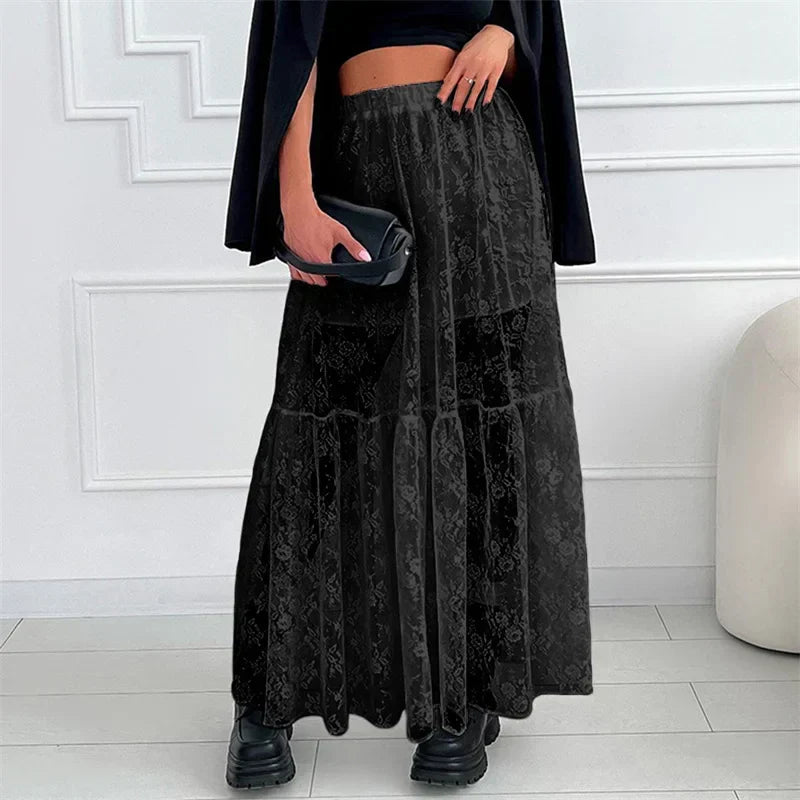 See Through Floral Lace Elastic High Waist A-Line Long Skirt Vacation Party BLACK / S skirt-250126
