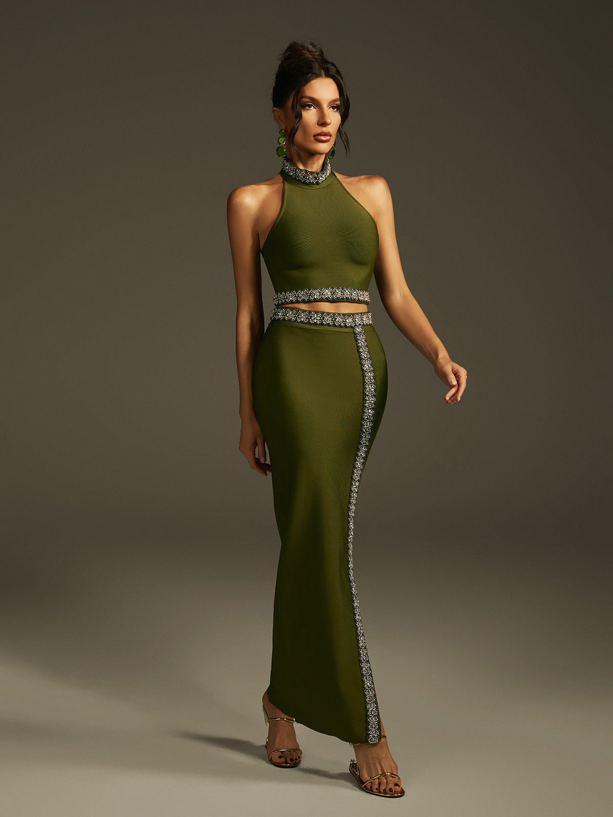 Halterneck Crystal Bandage Skirt Set