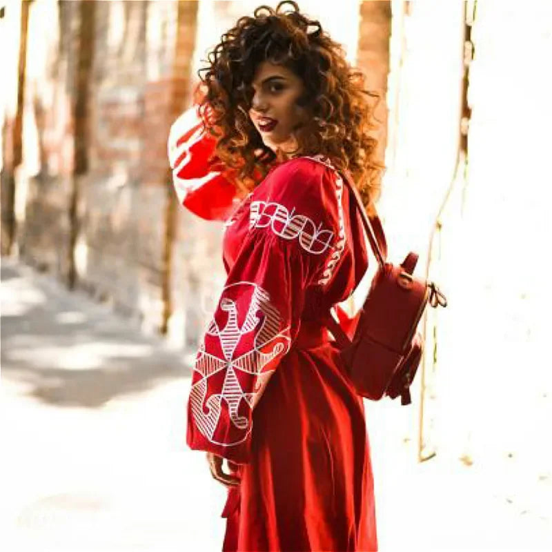 Lantern Sleeve Ethnic Tunic Boho Dress