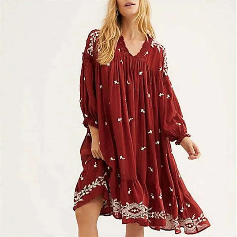 Lantern Long Sleeve Cotton Rayon Embroidery Dress