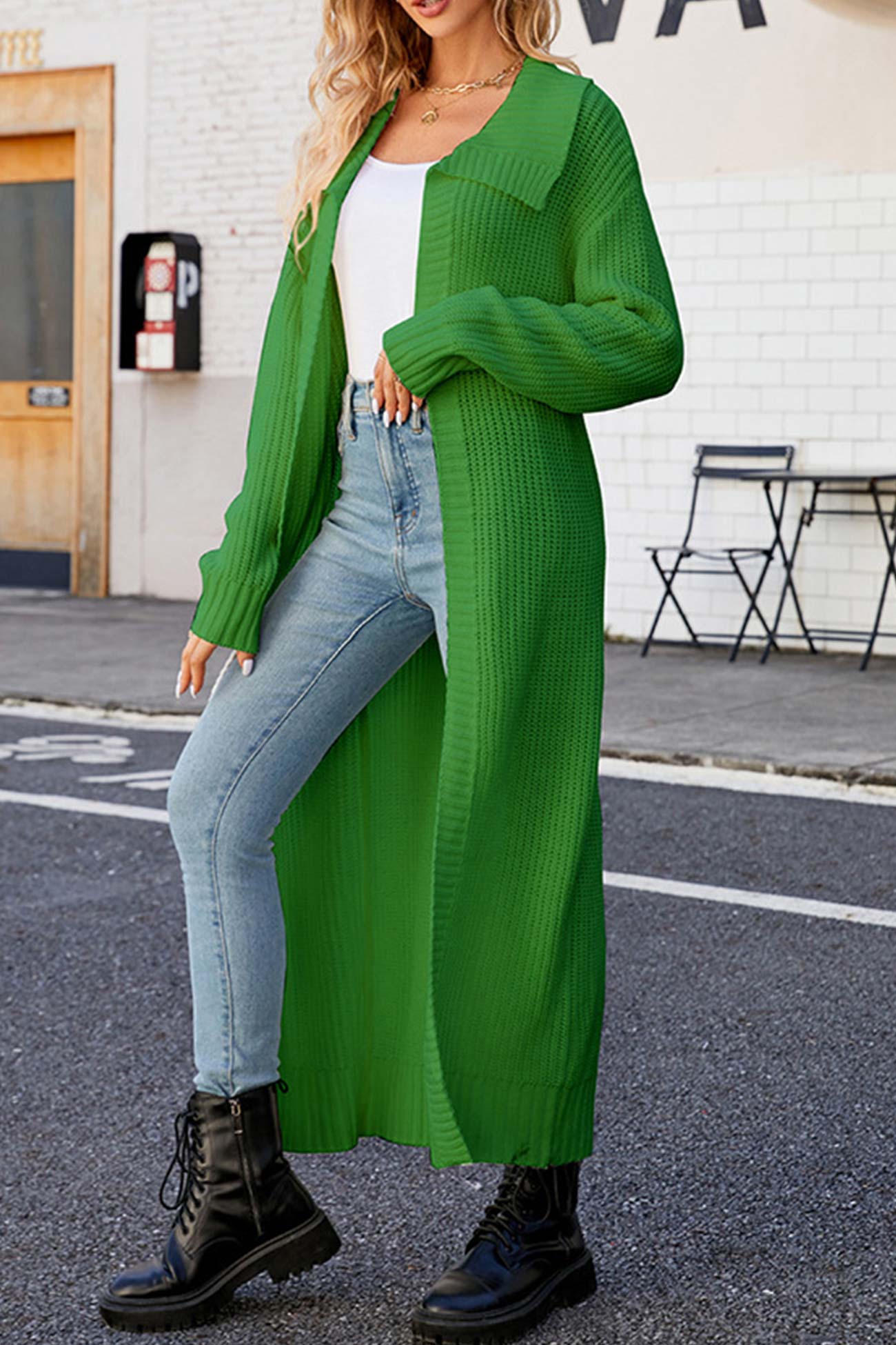 Ribbed Knit Open Front Cardigan With Lapel Green / S Cardigans
