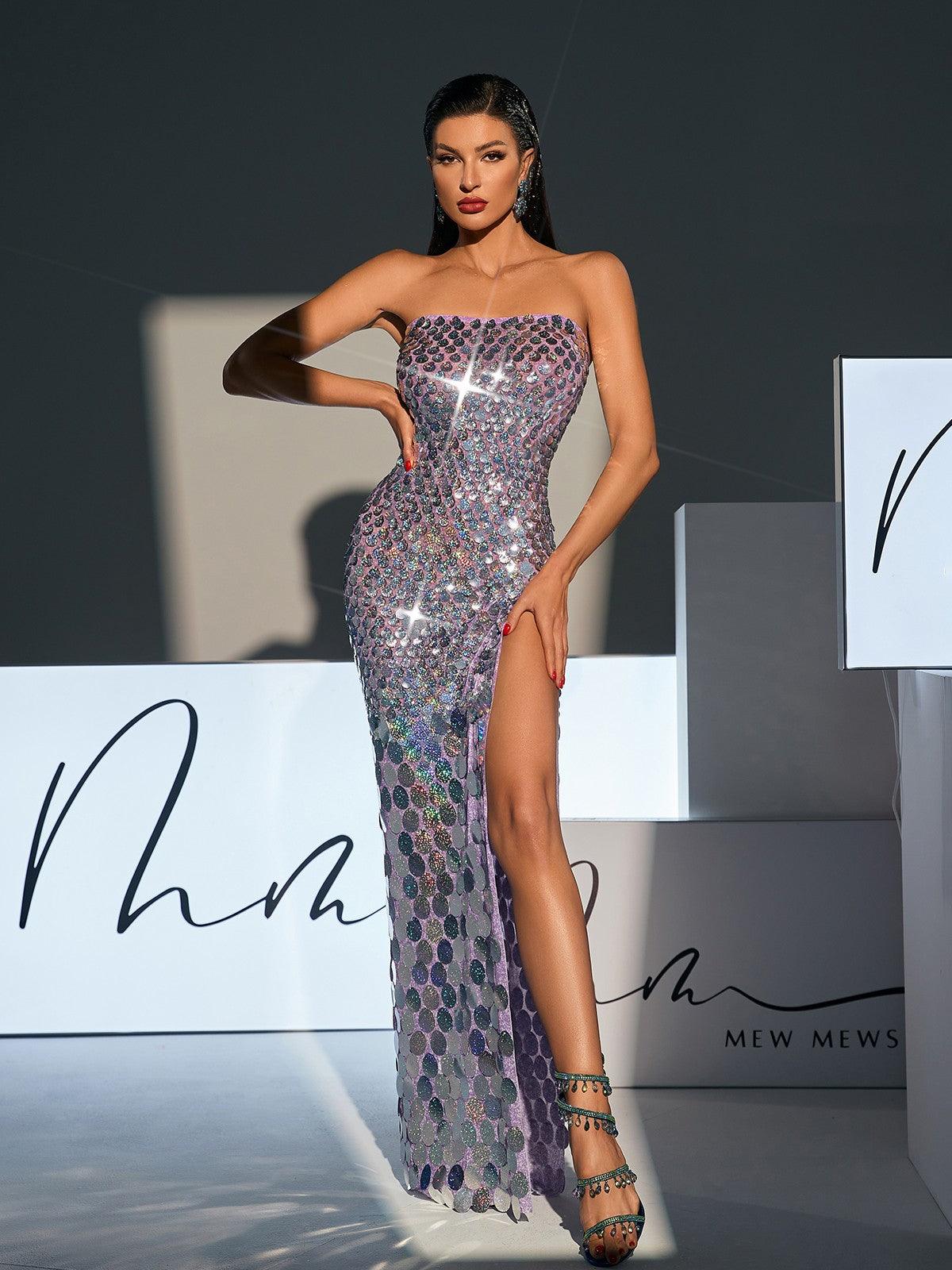 Strapless Sequin Split Maxi Dress