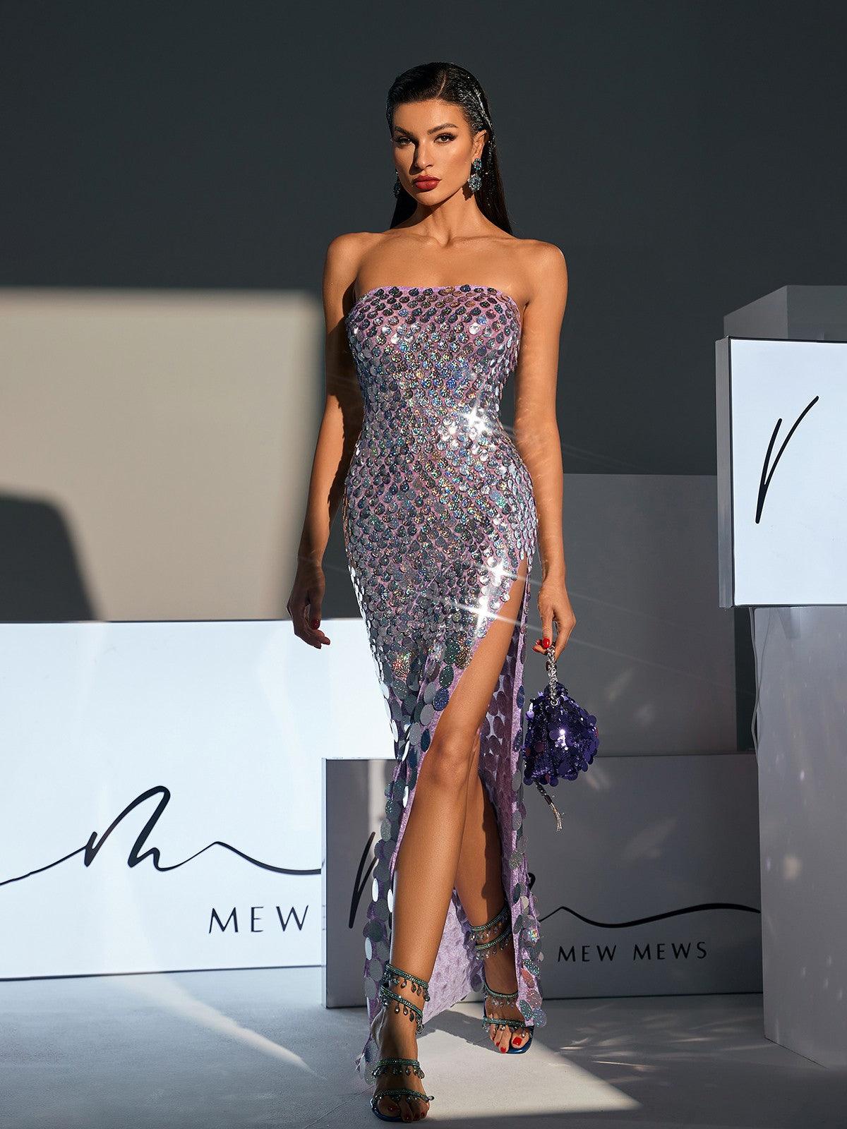 Strapless Sequin Split Maxi Dress
