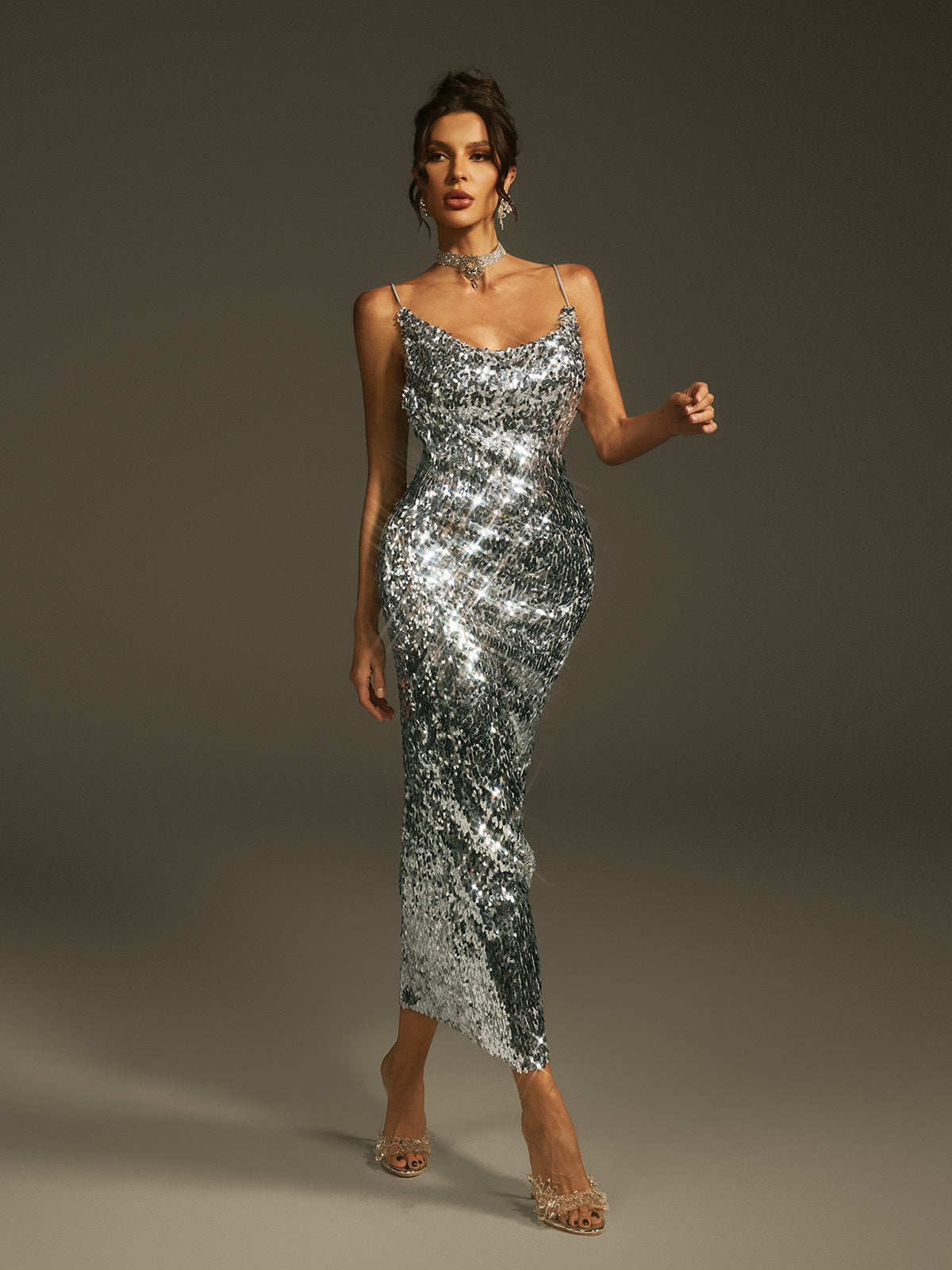 Spaghetti Sequin Midi Dress In Silver