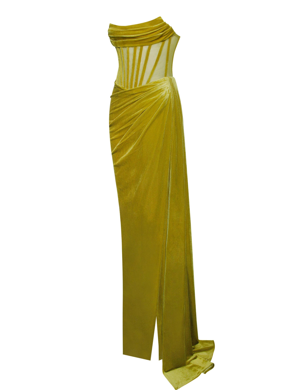 Strapless Velvet Corset Ruched High Slit Maxi Gown 7