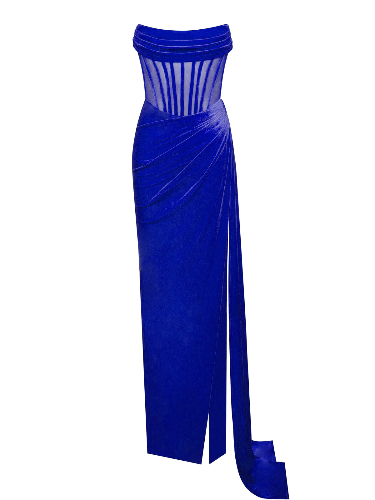 Strapless Velvet Sheer Corset High Slit Ruched Maxi Gown