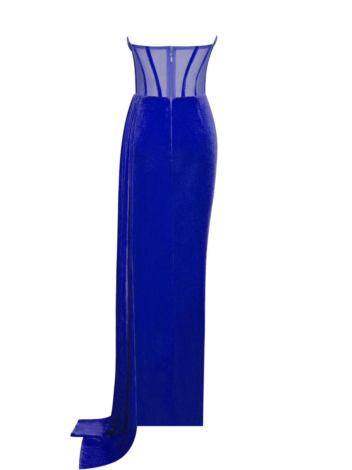 Strapless Velvet Sheer Corset High Slit Ruched Maxi Gown