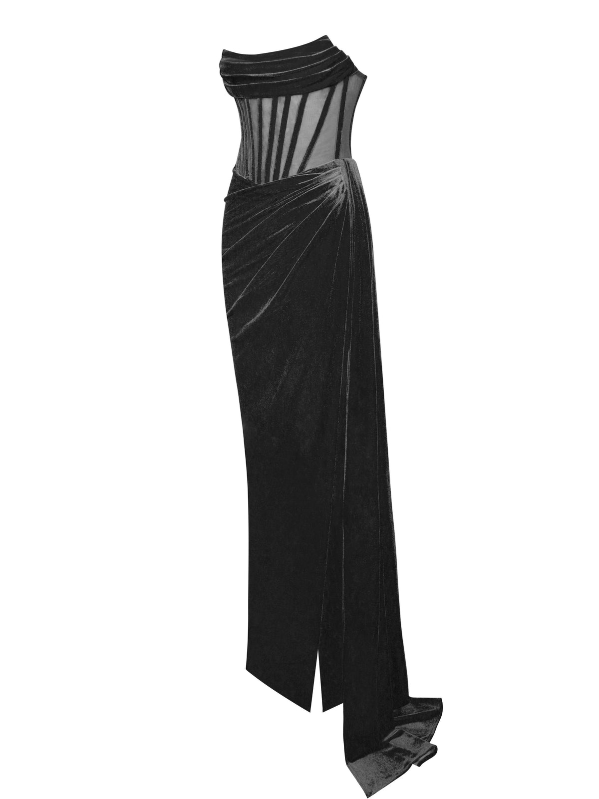 Strapless Velvet Sheer Corset High Slit Ruched Maxi Gown