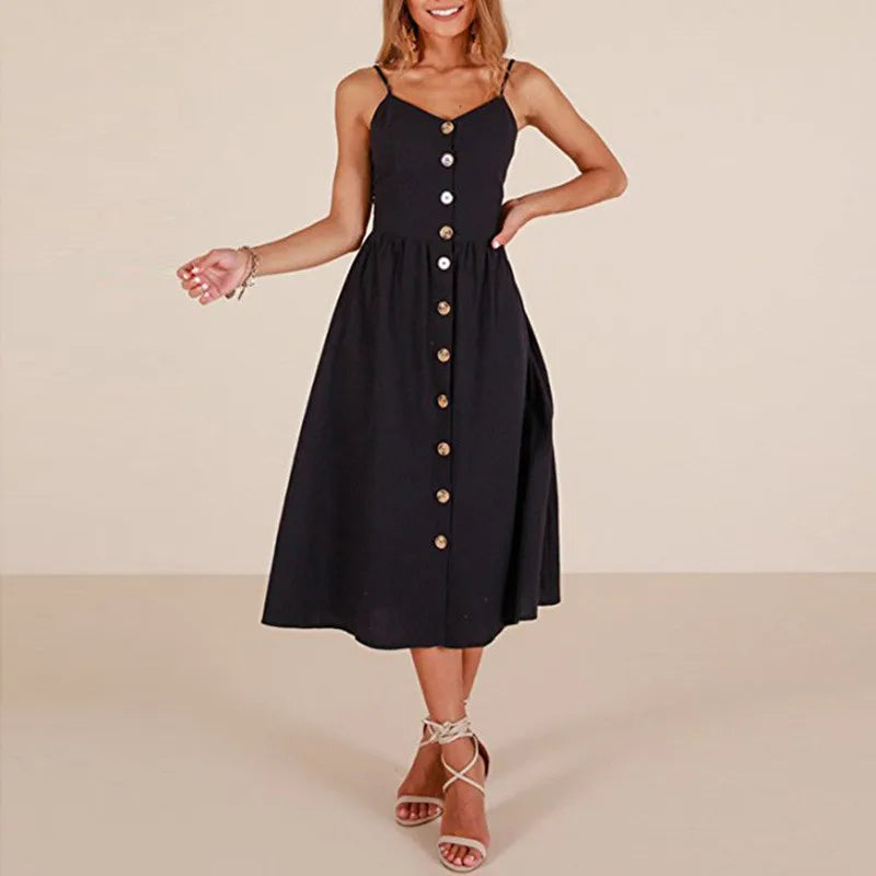 Suspender Button Backless VNeck Midi Dress