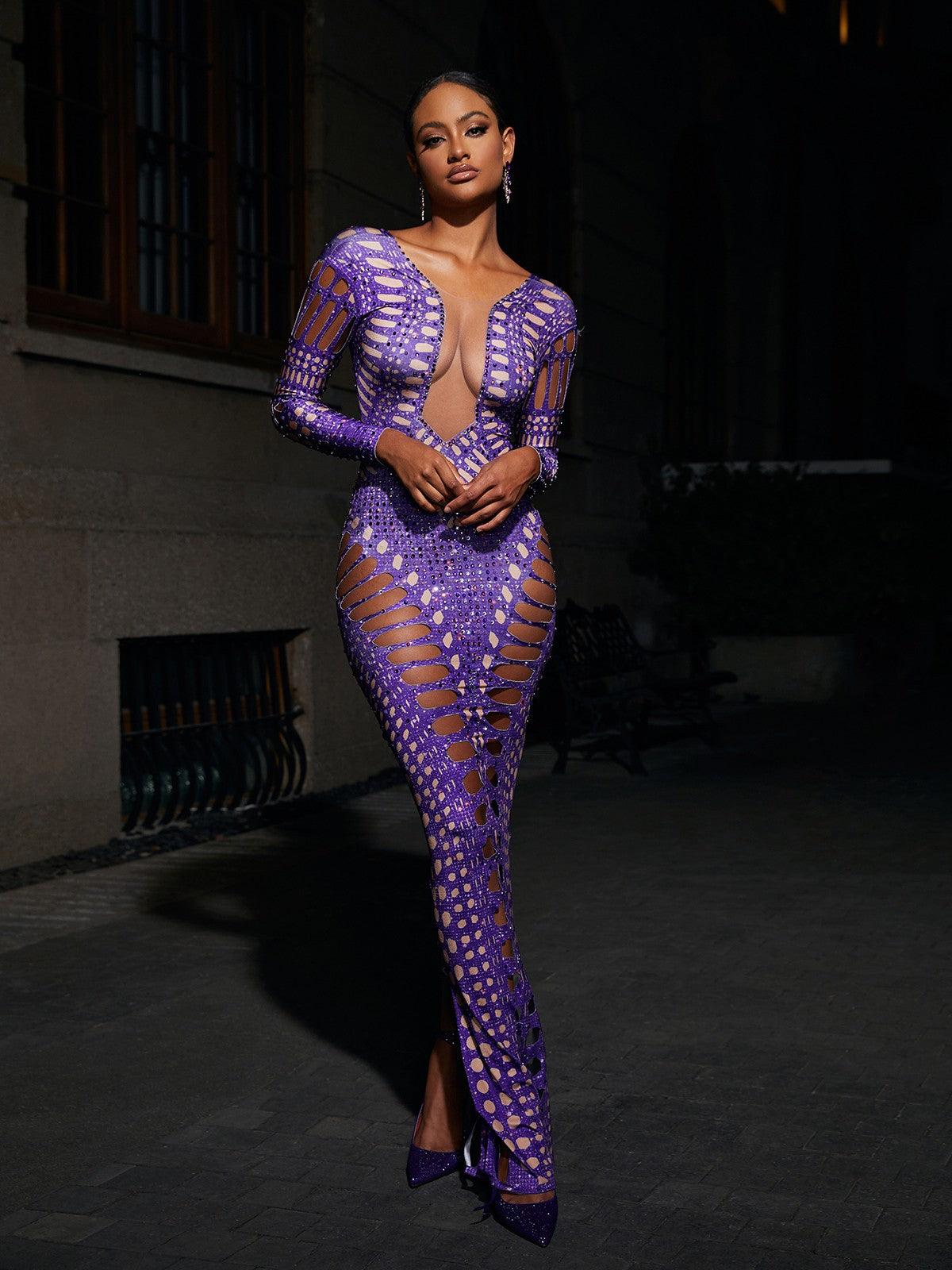 Plunge V-Neck Rhinestone Cutout Long Sleeve Bodycon Maxi Dress