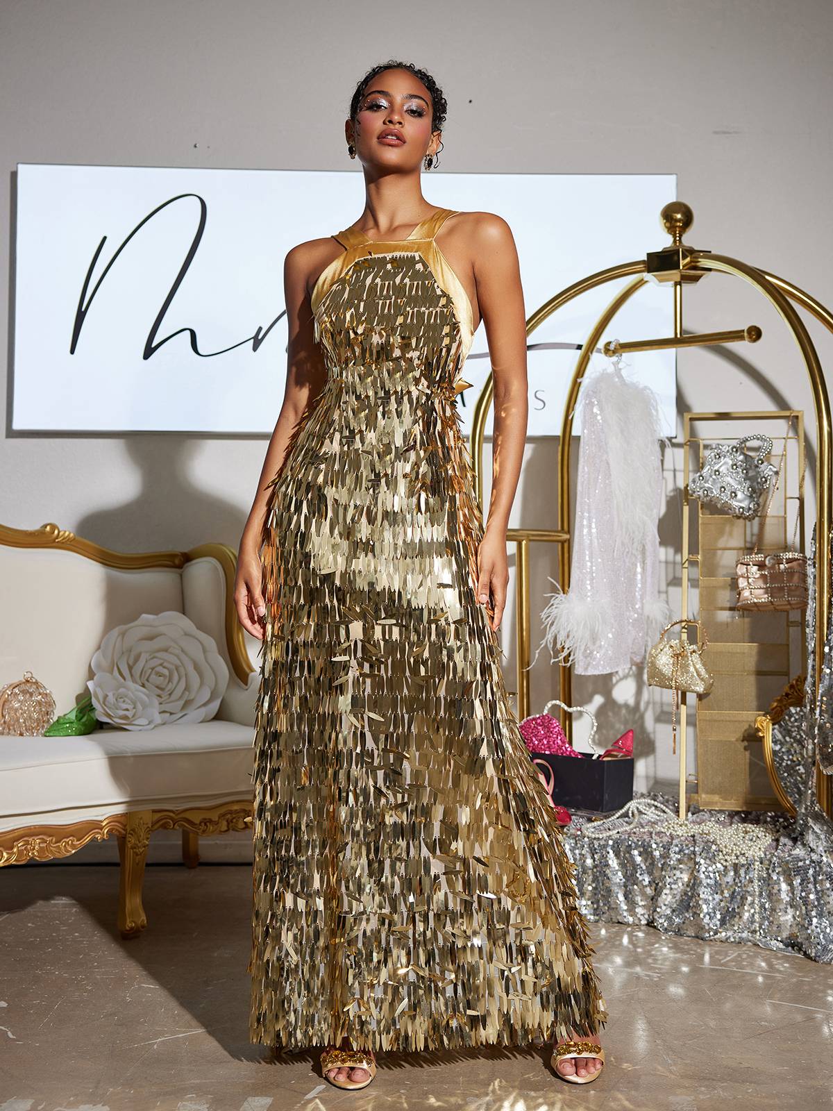 Bow Sequin Maxi Dress