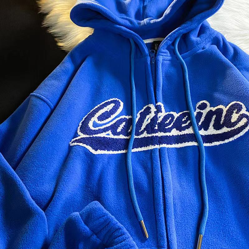 Letter Embroidery Vintage Loose Zipper Hoodies Blue / S Sweatshirts & Hoodies-L