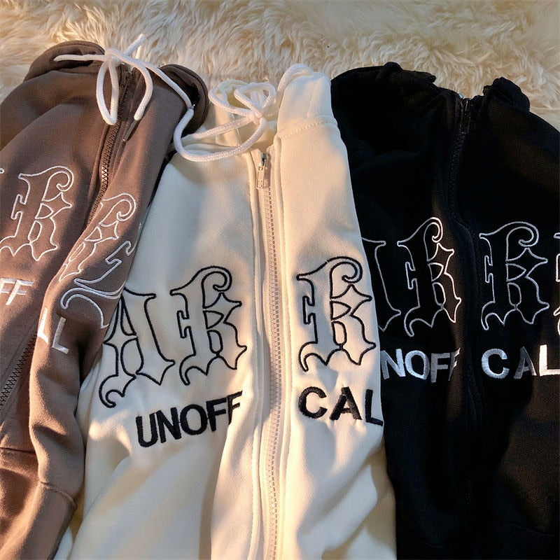 Letter Embroidery Vintage Loose Zipper Hoodies