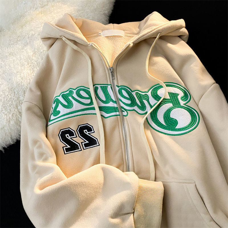 Letter Embroidery Vintage Loose Zipper Hoodies