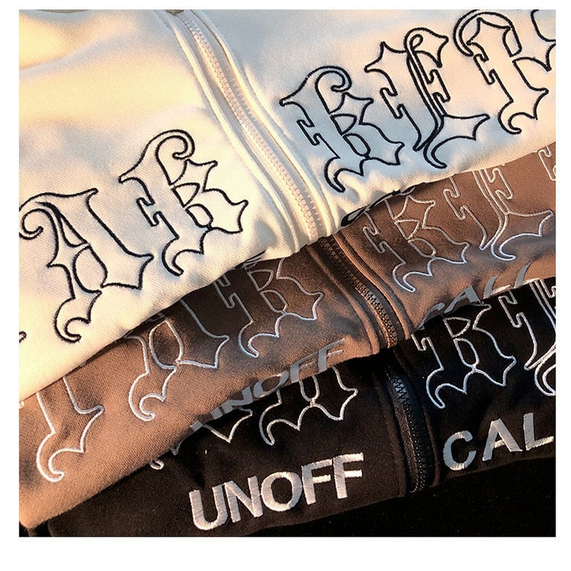 Letter Embroidery Vintage Loose Zipper Hoodies