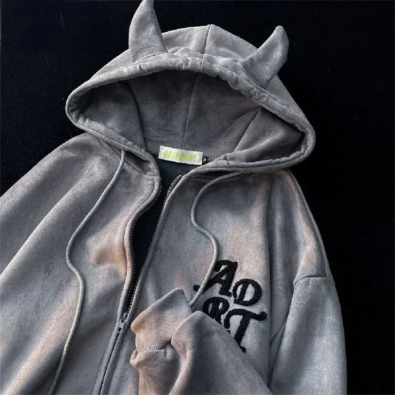 Letter Print Vintage Zipper Hoodie grey / M