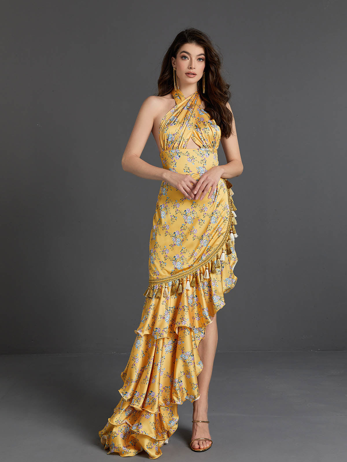 Cross Halter Floral Satin Tassel Trim Tiered Ruffle Maxi Dress