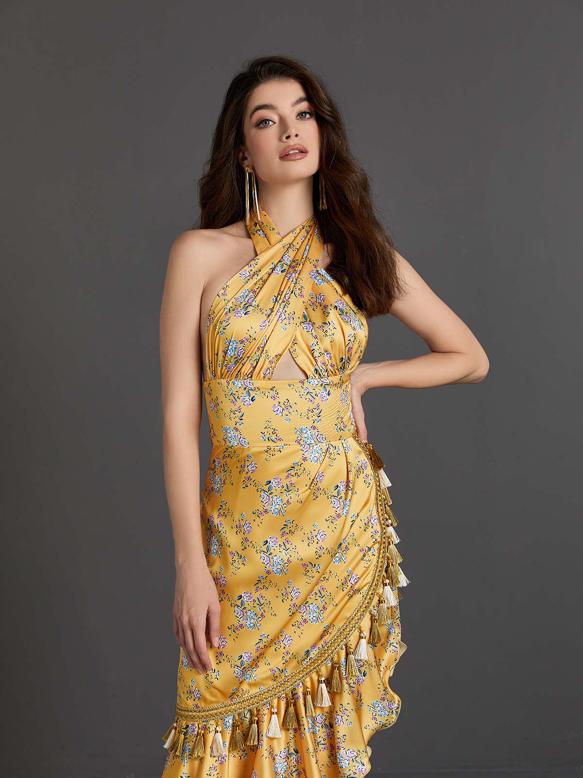 Cross Halter Floral Satin Tassel Trim Tiered Ruffle Maxi Dress