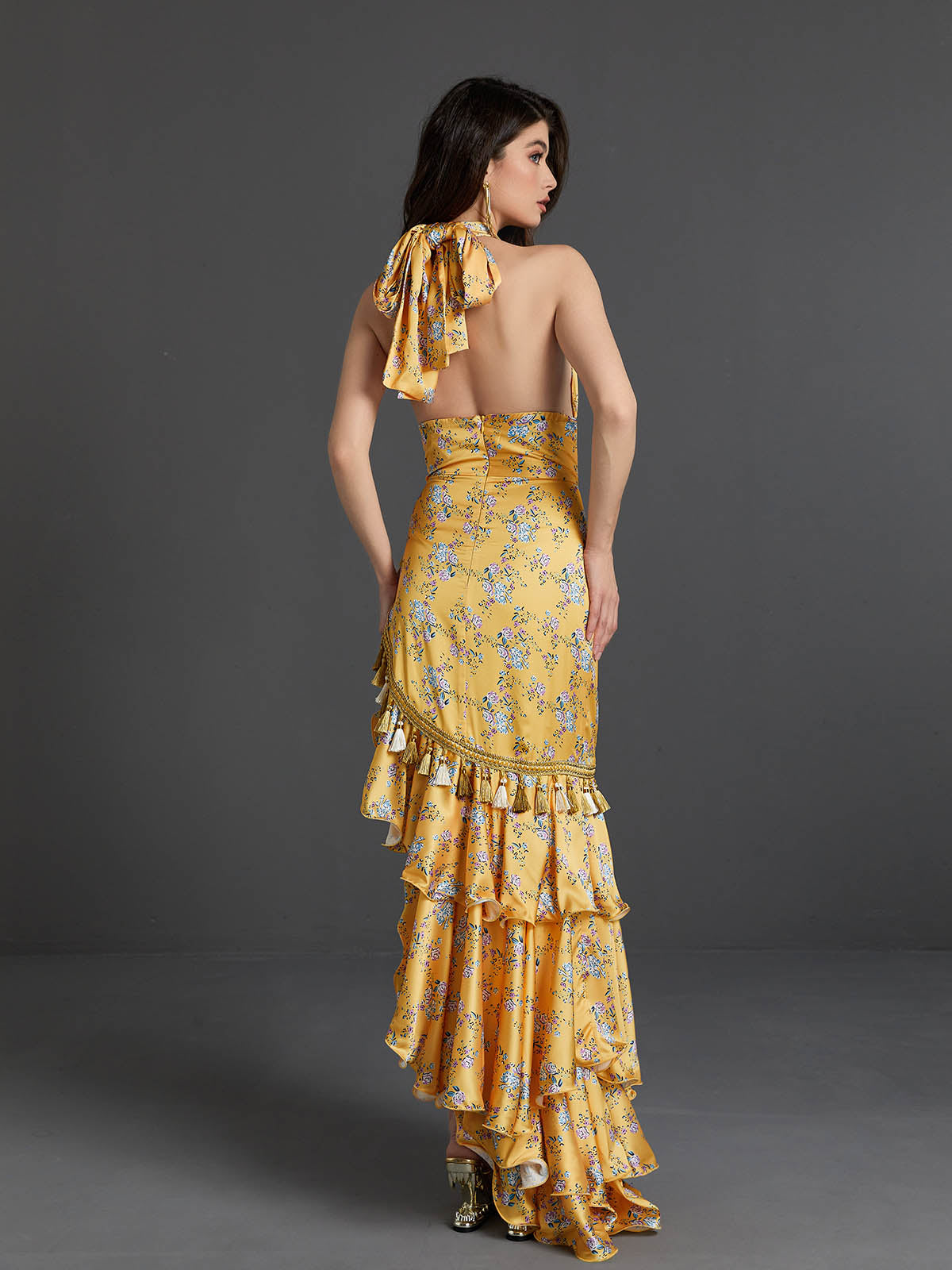 Cross Halter Floral Satin Tassel Trim Tiered Ruffle Maxi Dress