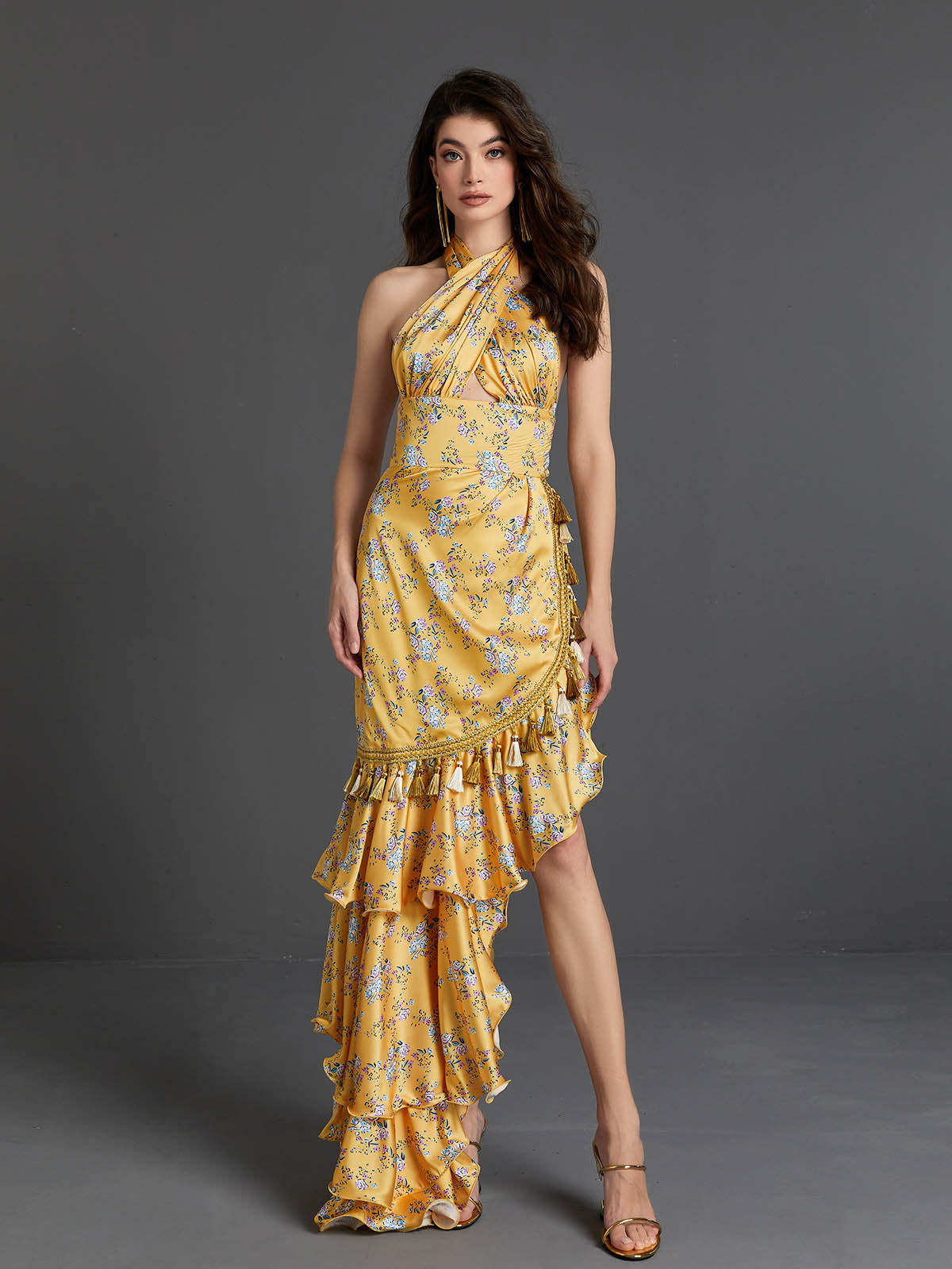Cross Halter Floral Satin Tassel Trim Tiered Ruffle Maxi Dress