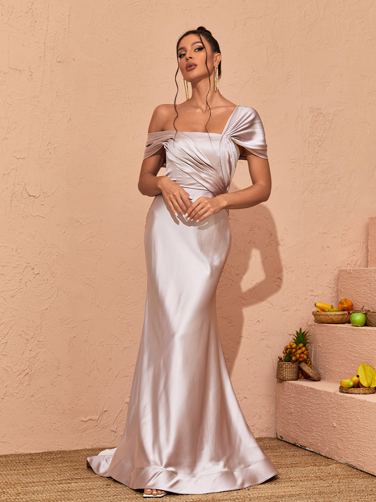 Off-Shoulder Draped Satin Ruched Mermaid Maxi Dress
