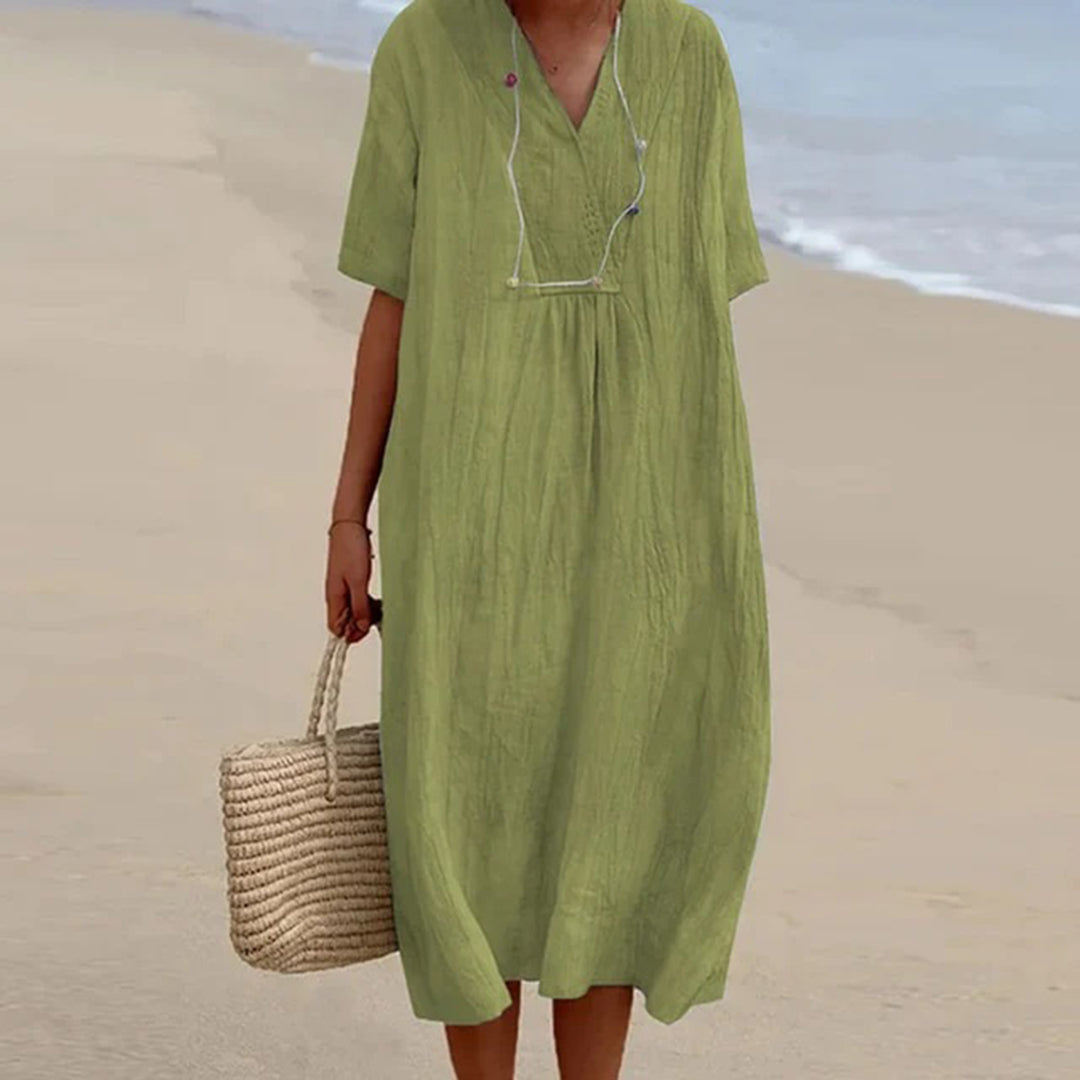 V-Neck Linen Short Sleeve Pleated Loose A-Line Midi Dress