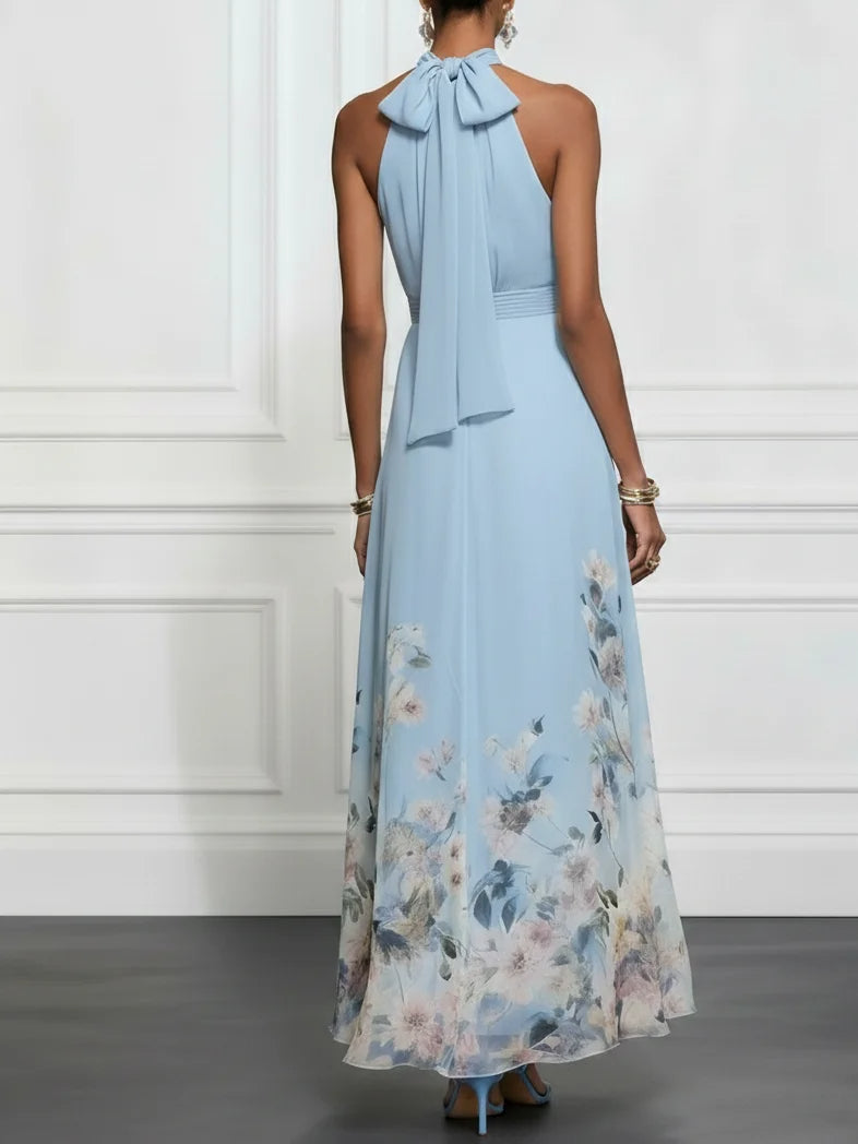 Halter Neck Floral Print Ruched Waist Chiffon Maxi Dress 2