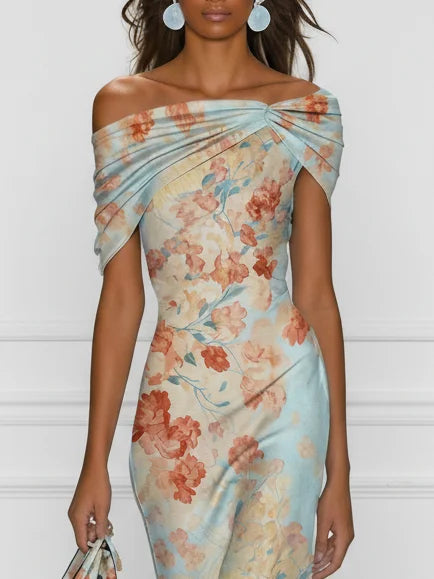 Blue Off-Shoulder Twist Draped Floral Satin Ruched Mermaid Midi Dress 3