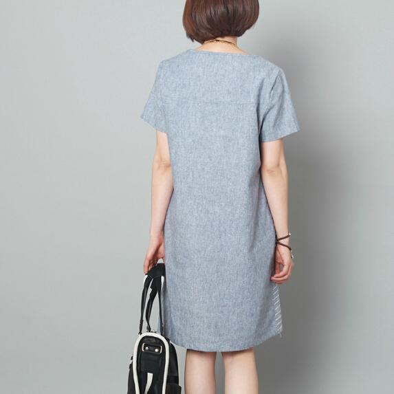 Light blue linen sundress loose summer shift dress knee length