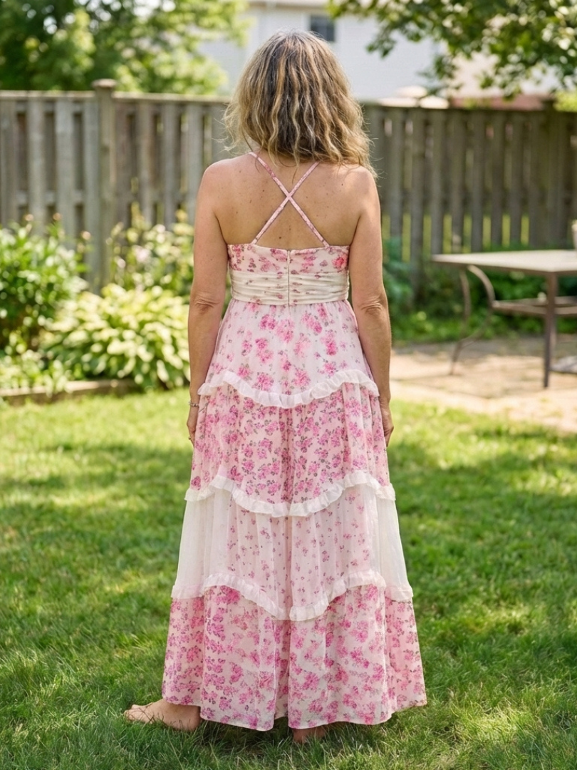 Spaghetti Strap Ruched Bodice Floral Tiered Ruffle Maxi Dress