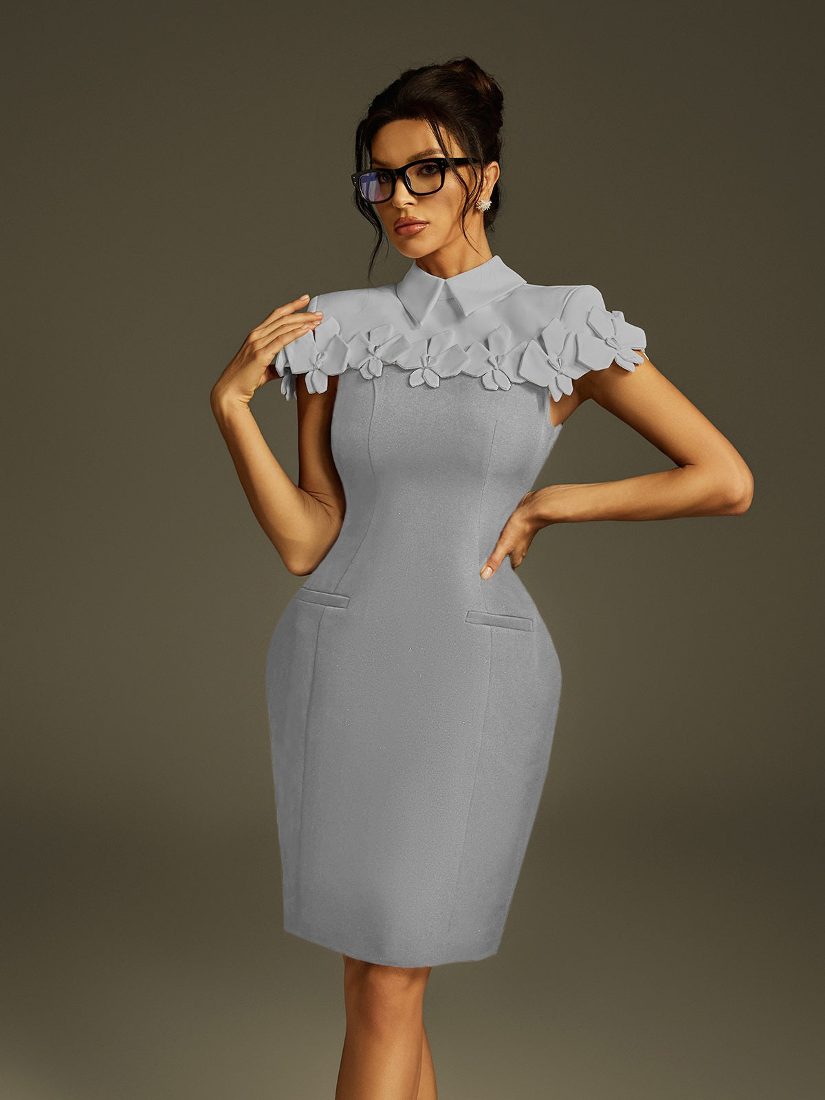 Collar Flower Mini Dress In Gery