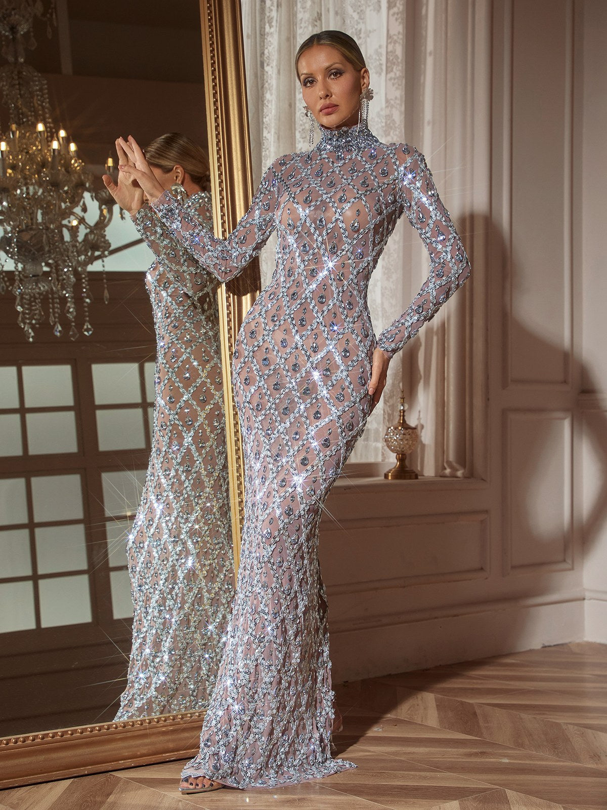 Long Sleeve Sequin Crystal Maxi Dress In Silver