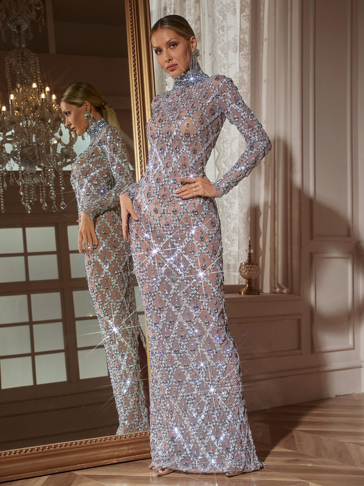Long Sleeve Sequin Crystal Maxi Dress In Silver
