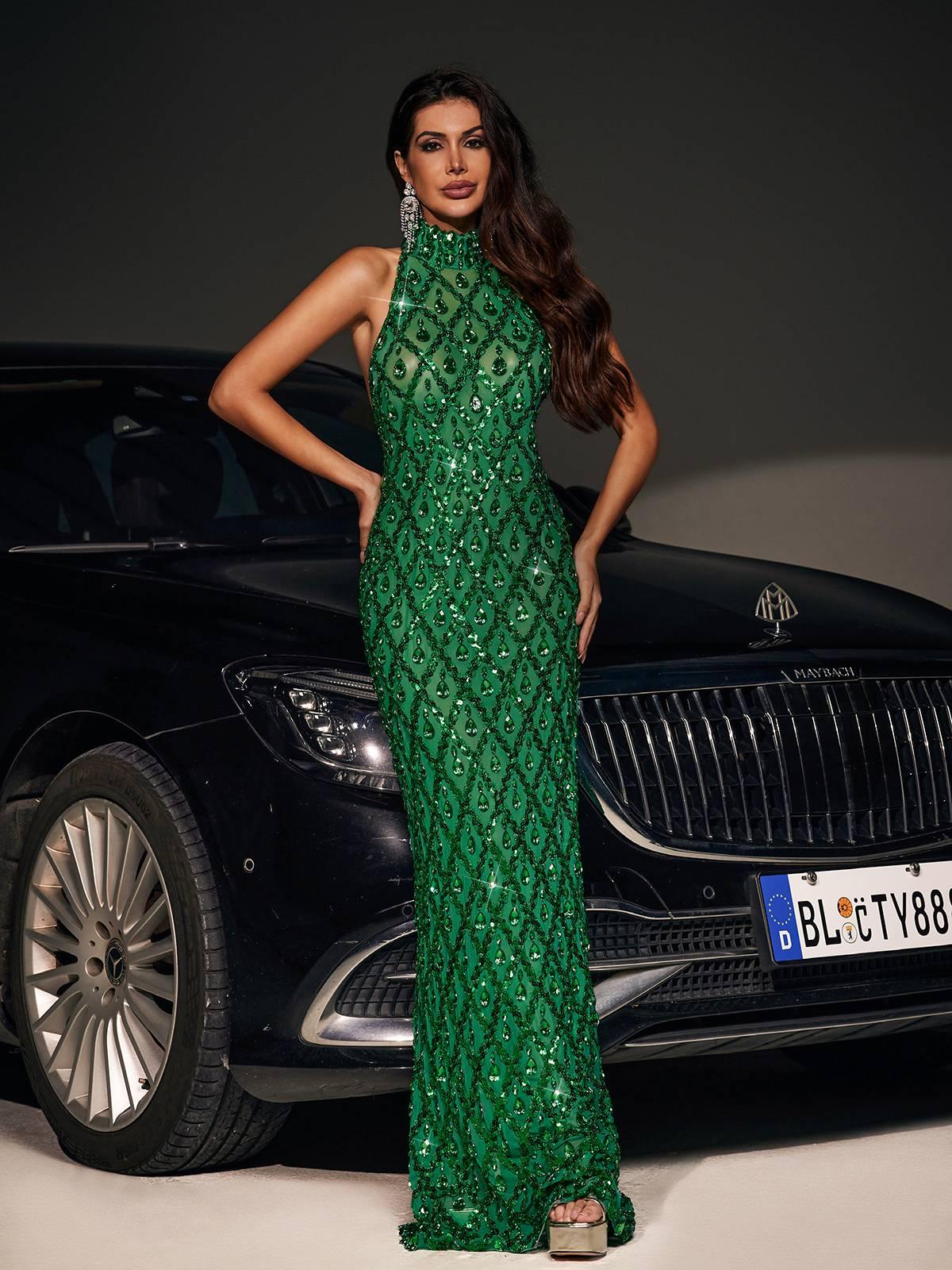 Sequin Crystal Maxi Dress In Green