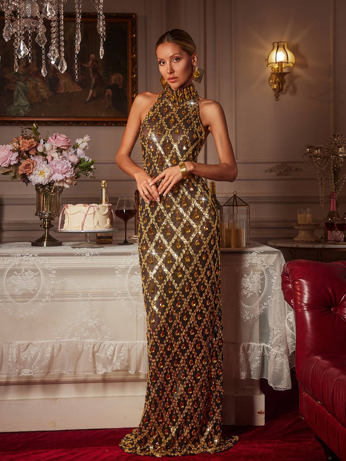 Sequin Crystal Maxi Dress In Gold