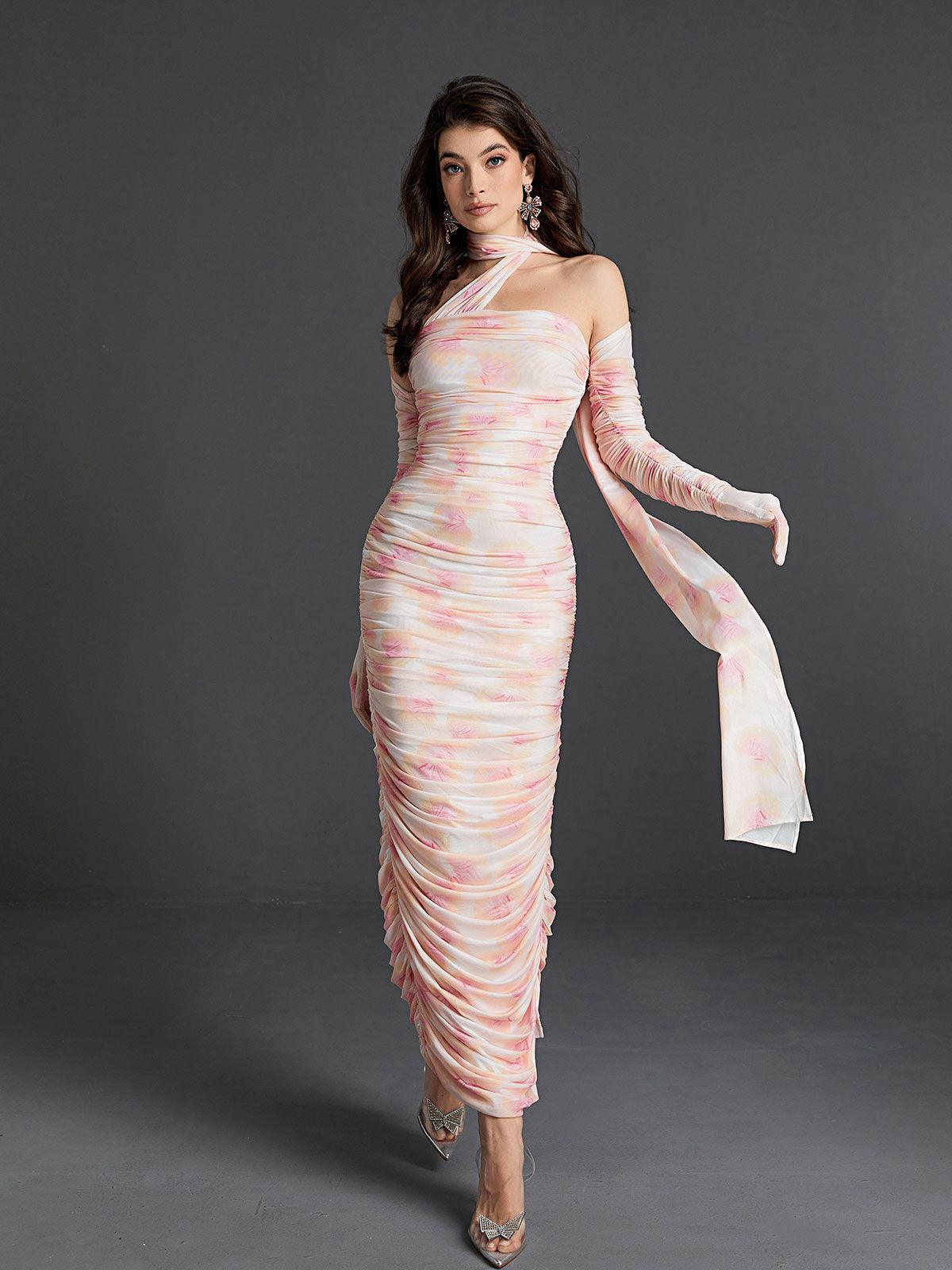 Asymmetric Halter Neck Ruched Mesh Bodycon Maxi Dress With Gloves