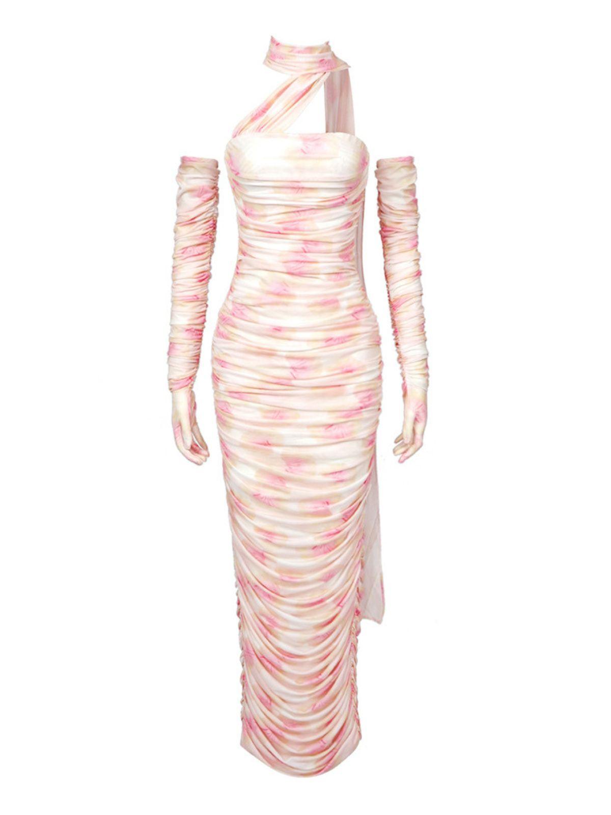 Asymmetric Halter Neck Ruched Mesh Bodycon Maxi Dress With Gloves