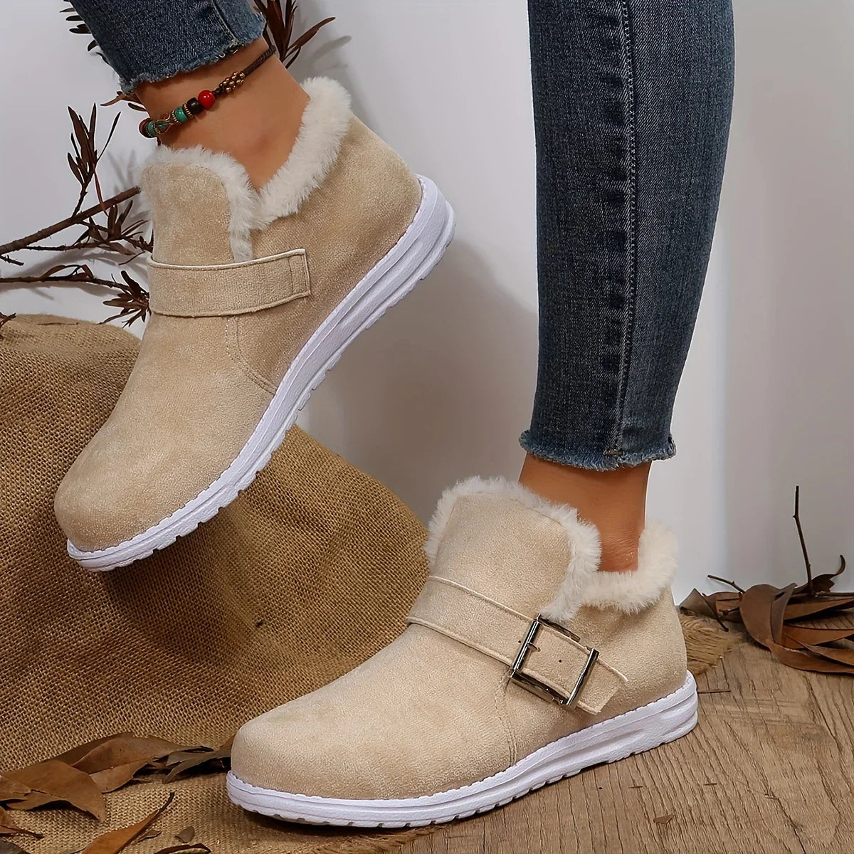 Plush Lined Flat Winter Warm Buckle Strap Slipon Snow Boot