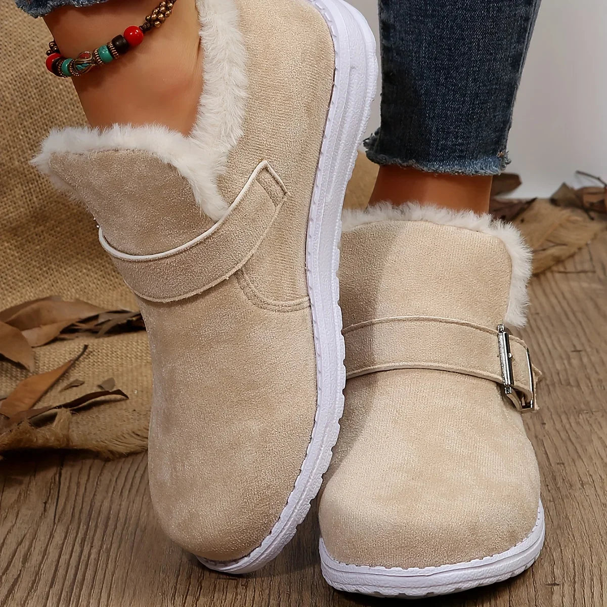 Plush Lined Flat Winter Warm Buckle Strap Slipon Snow Boot